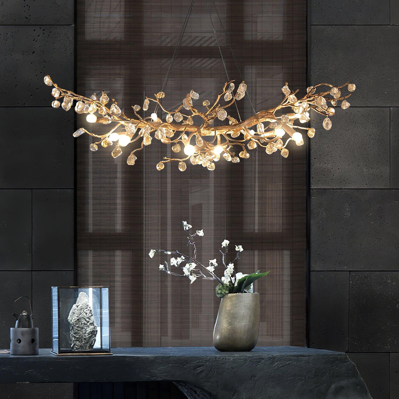 Modern Amber Stone Crystal Branch Chandelier in Genuine Brass Finish