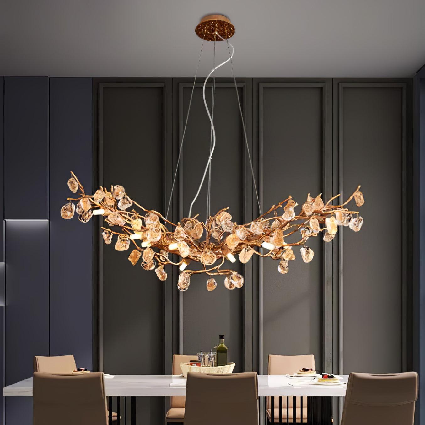 Modern Amber Stone Crystal Branch Chandelier in Genuine Brass Finish