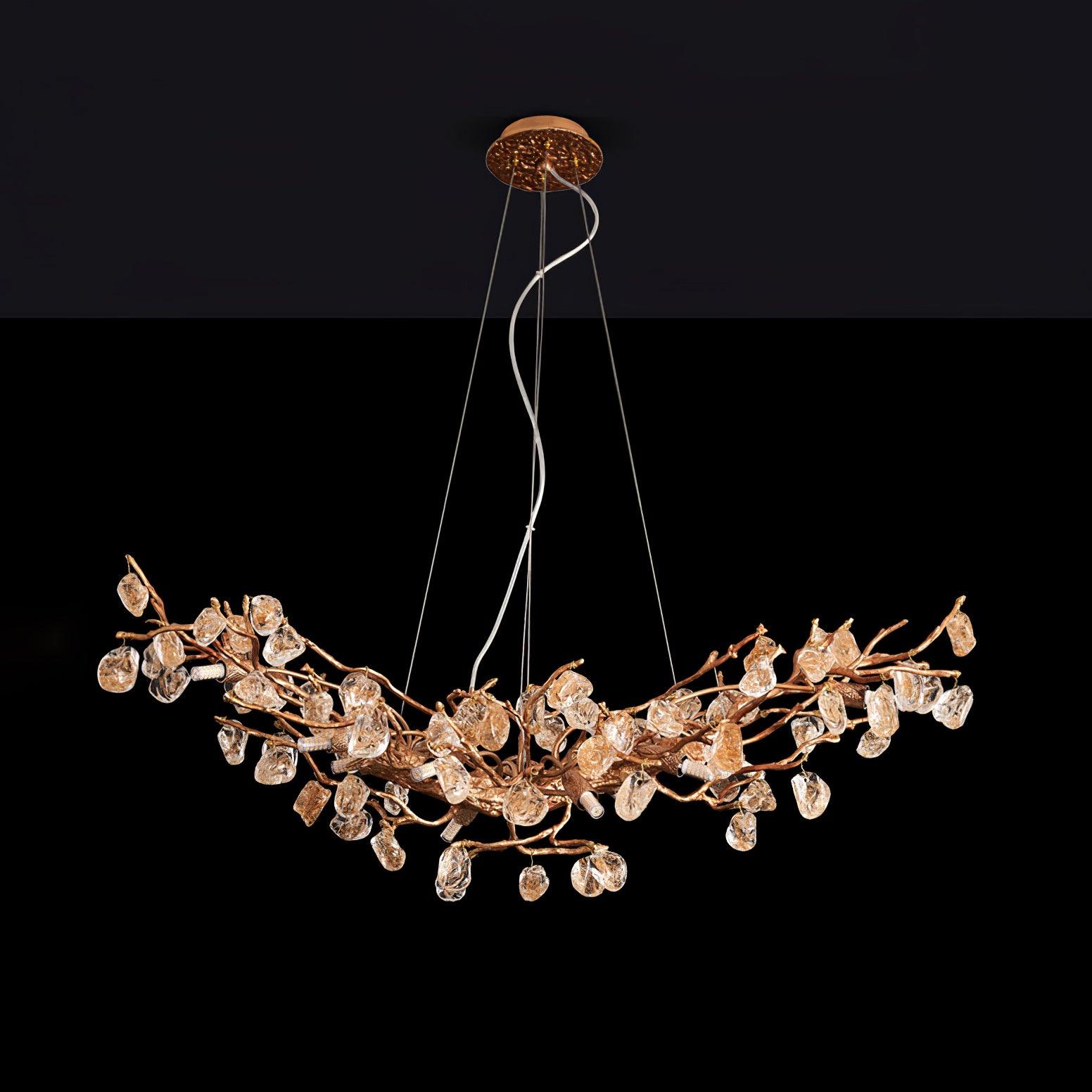 Modern Amber Stone Crystal Branch Chandelier in Genuine Brass Finish