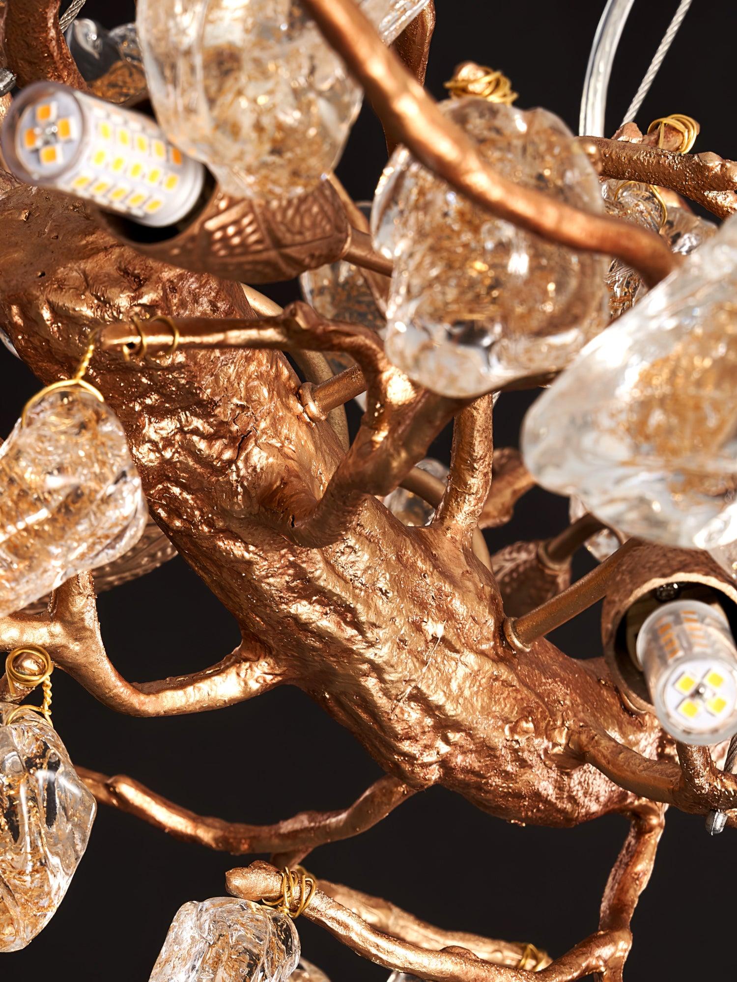 Modern Amber Stone Crystal Branch Chandelier in Genuine Brass Finish