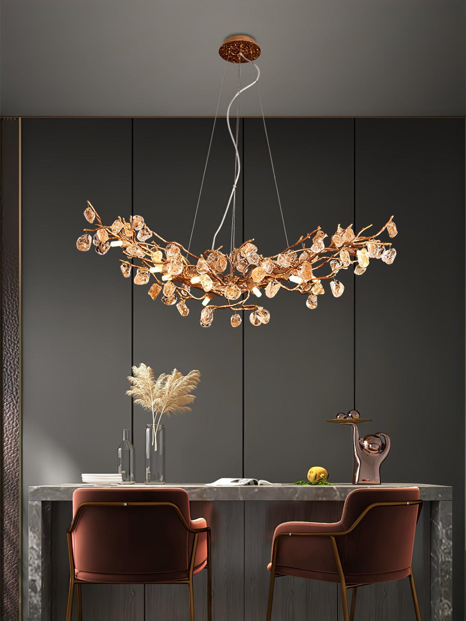 Modern Amber Stone Crystal Branch Chandelier in Genuine Brass Finish