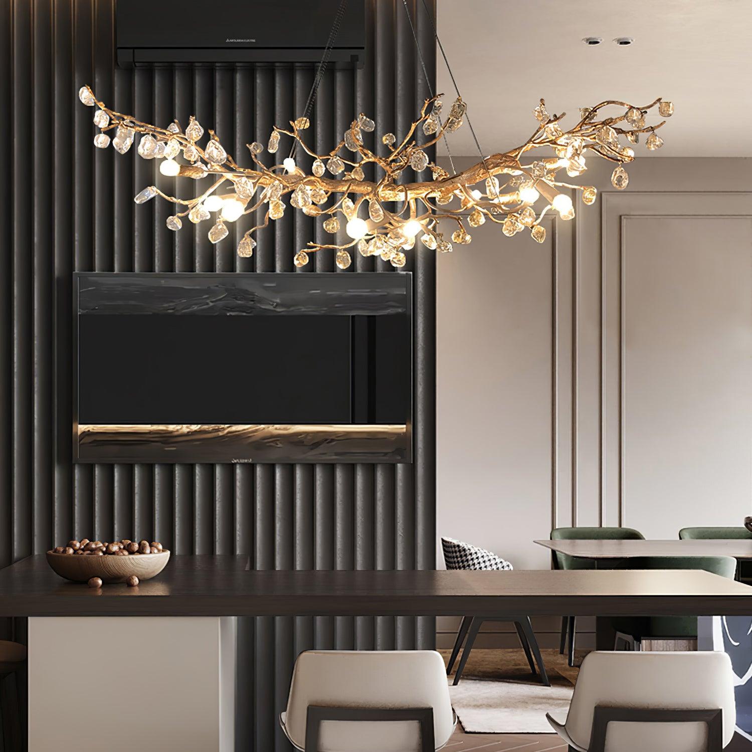 Modern Amber Stone Crystal Branch Chandelier in Genuine Brass Finish