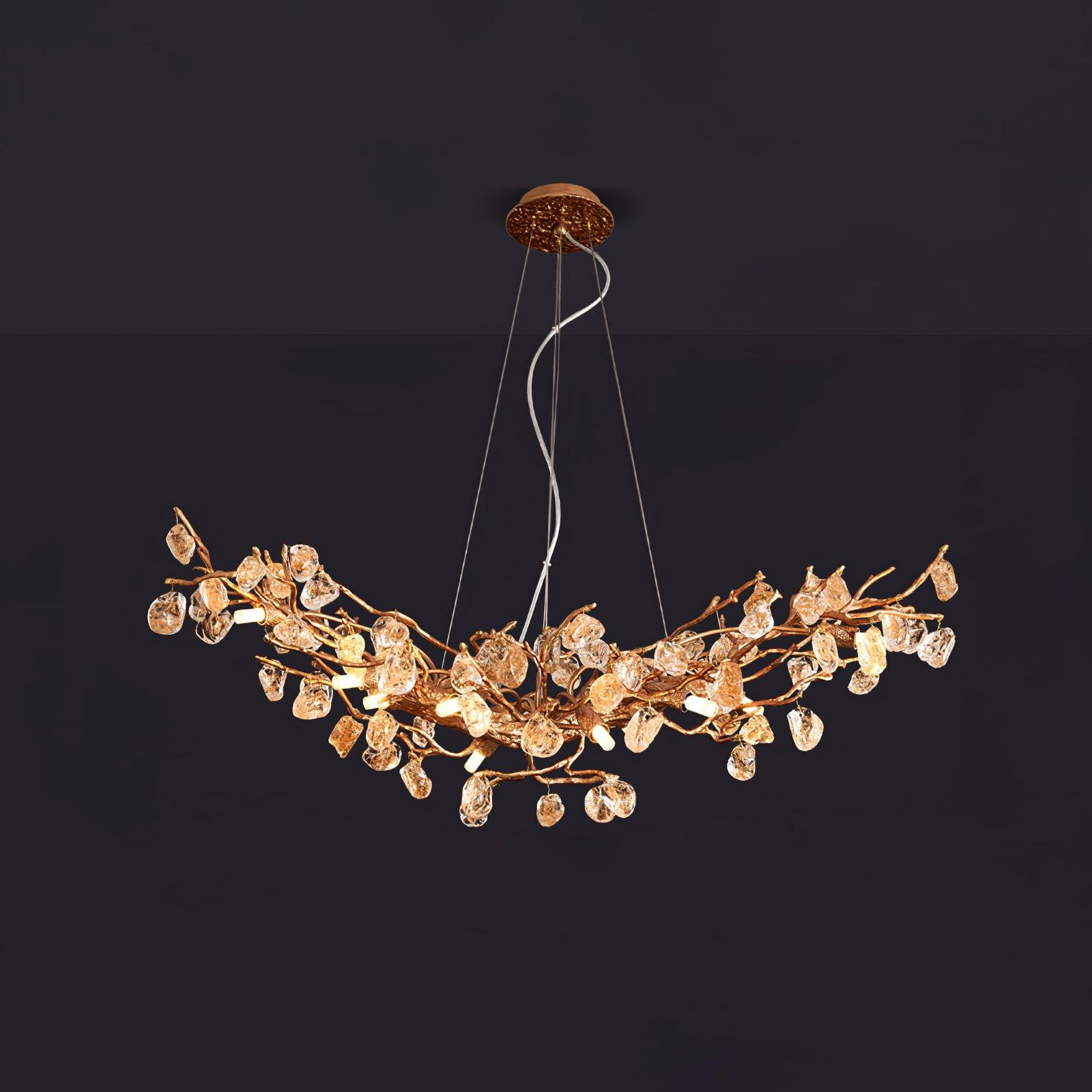 Modern Amber Stone Crystal Branch Chandelier in Genuine Brass Finish