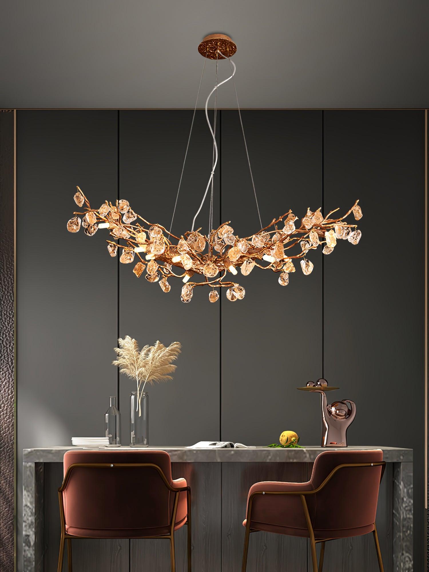Modern Amber Stone Crystal Branch Chandelier in Genuine Brass Finish
