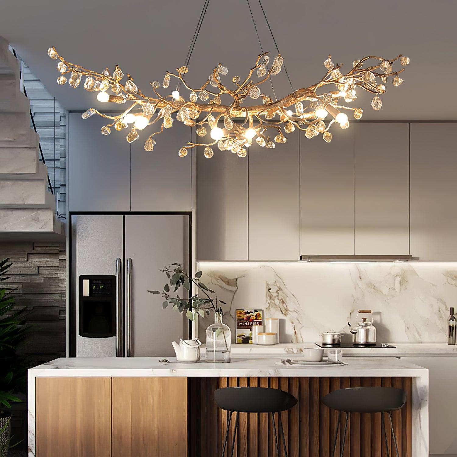 Modern Amber Stone Crystal Branch Chandelier in Genuine Brass Finish