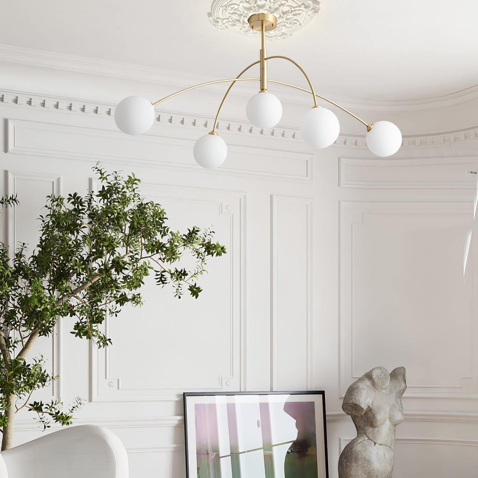 Modern Arched Glass Globe Chandelier Gold and White Mid Century Pendant Light