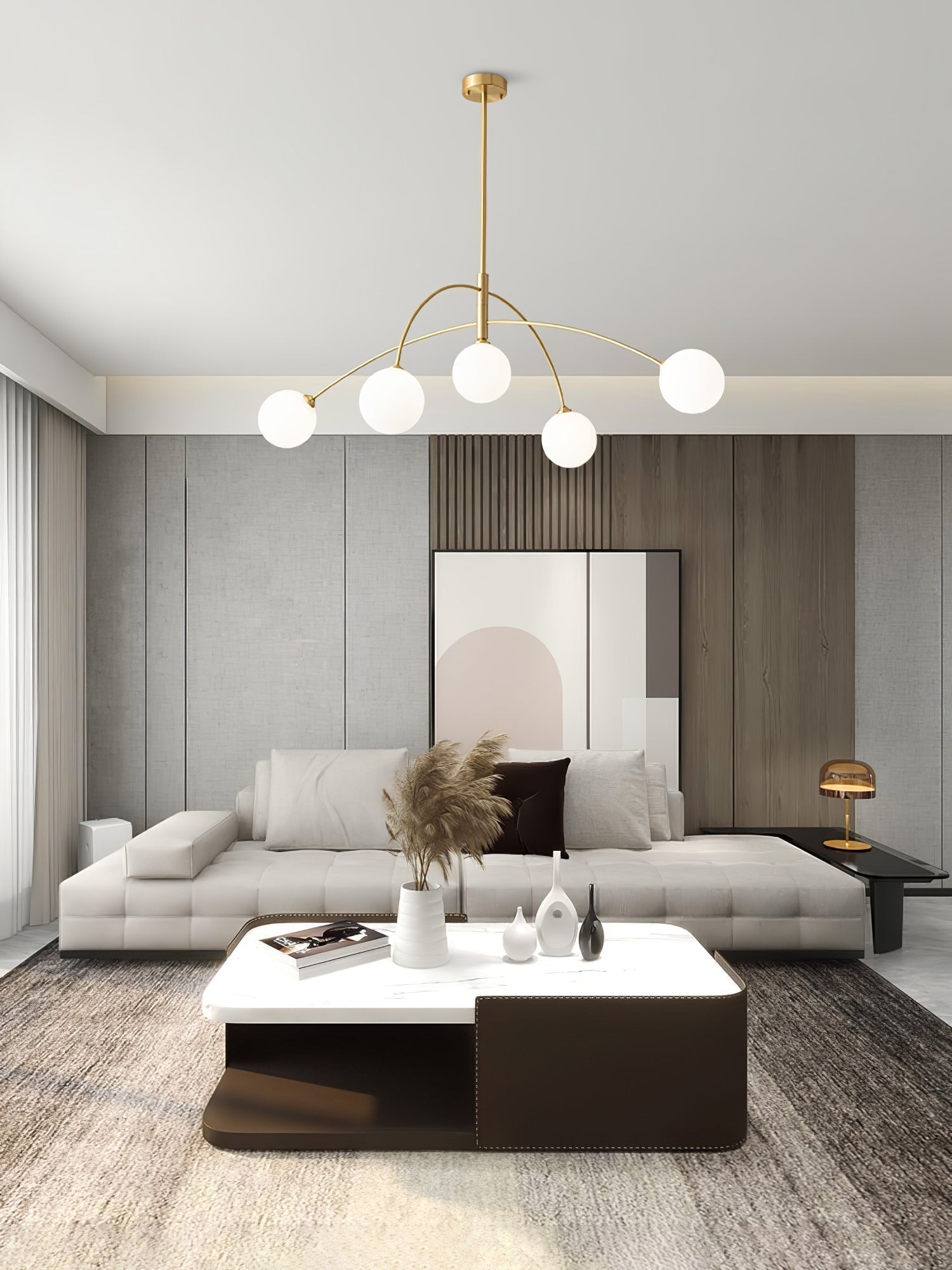 Modern Arched Glass Globe Chandelier Gold and White Mid Century Pendant Light