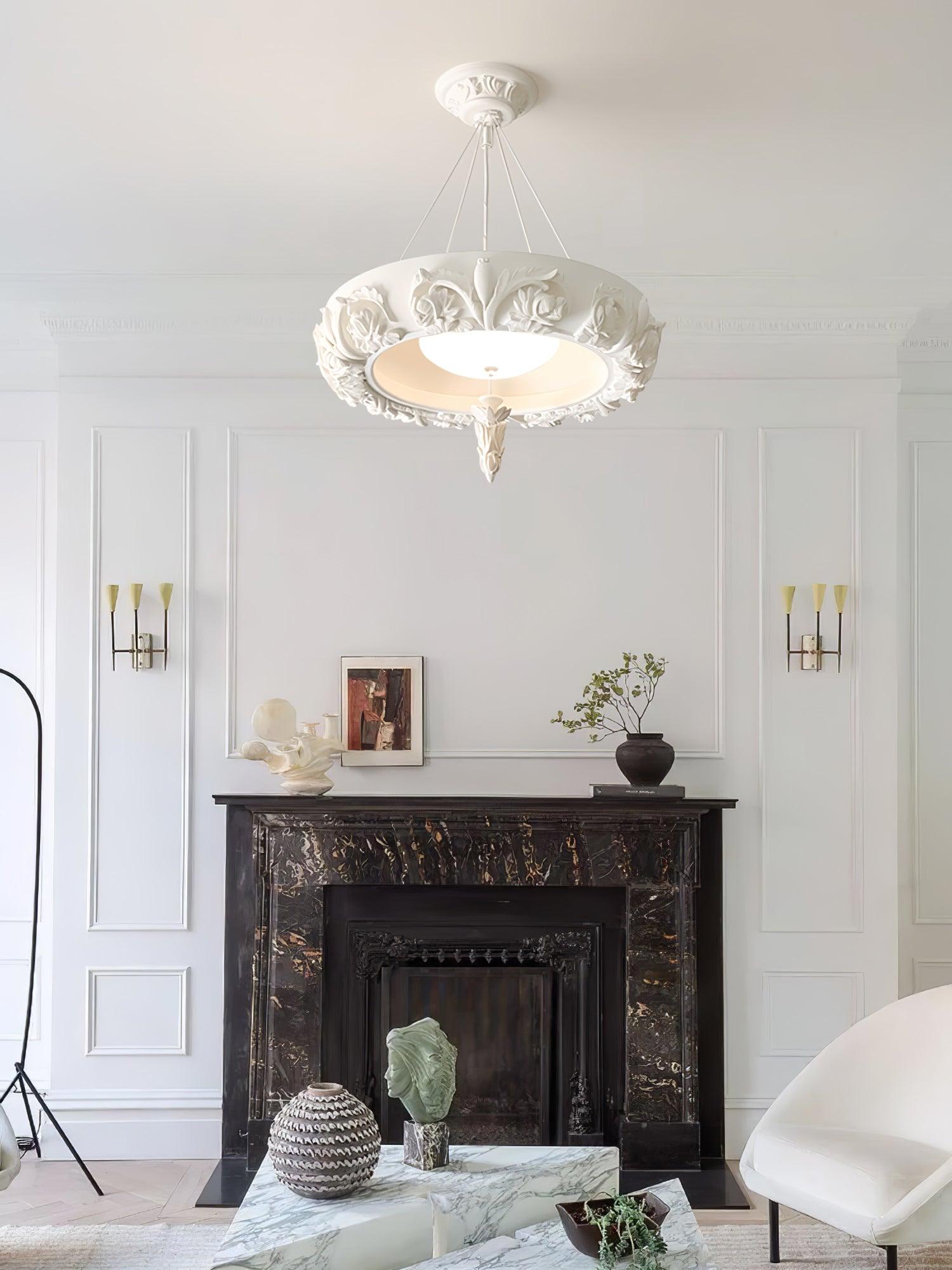 Modern Architectural Plaster Crown Chandelier White Carved LED Pendant Ceiling Light
