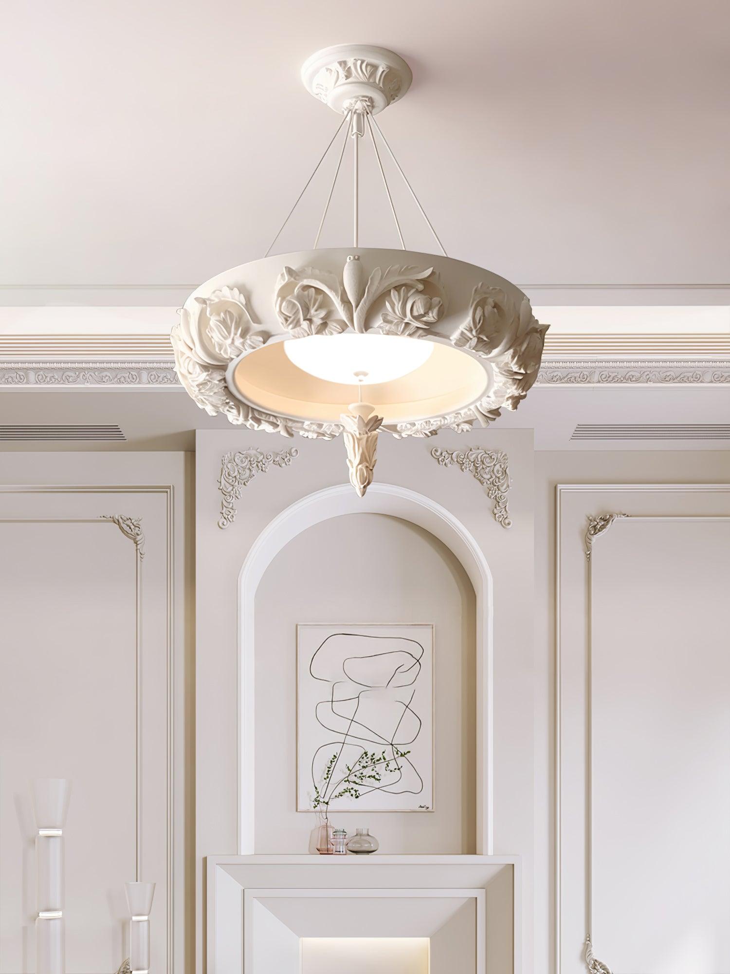 Modern Architectural Plaster Crown Chandelier White Carved LED Pendant Ceiling Light