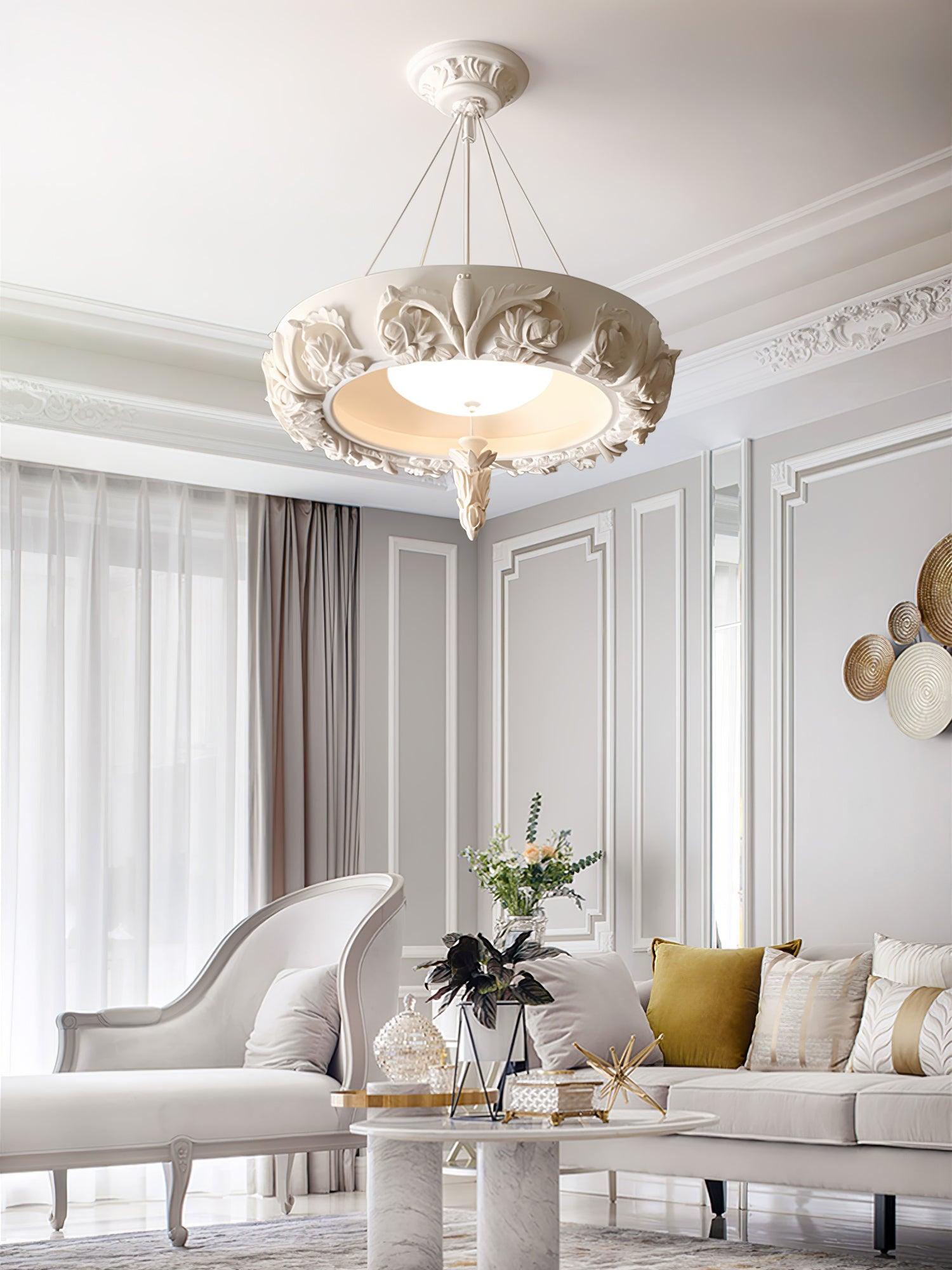 Modern Architectural Plaster Crown Chandelier White Carved LED Pendant Ceiling Light