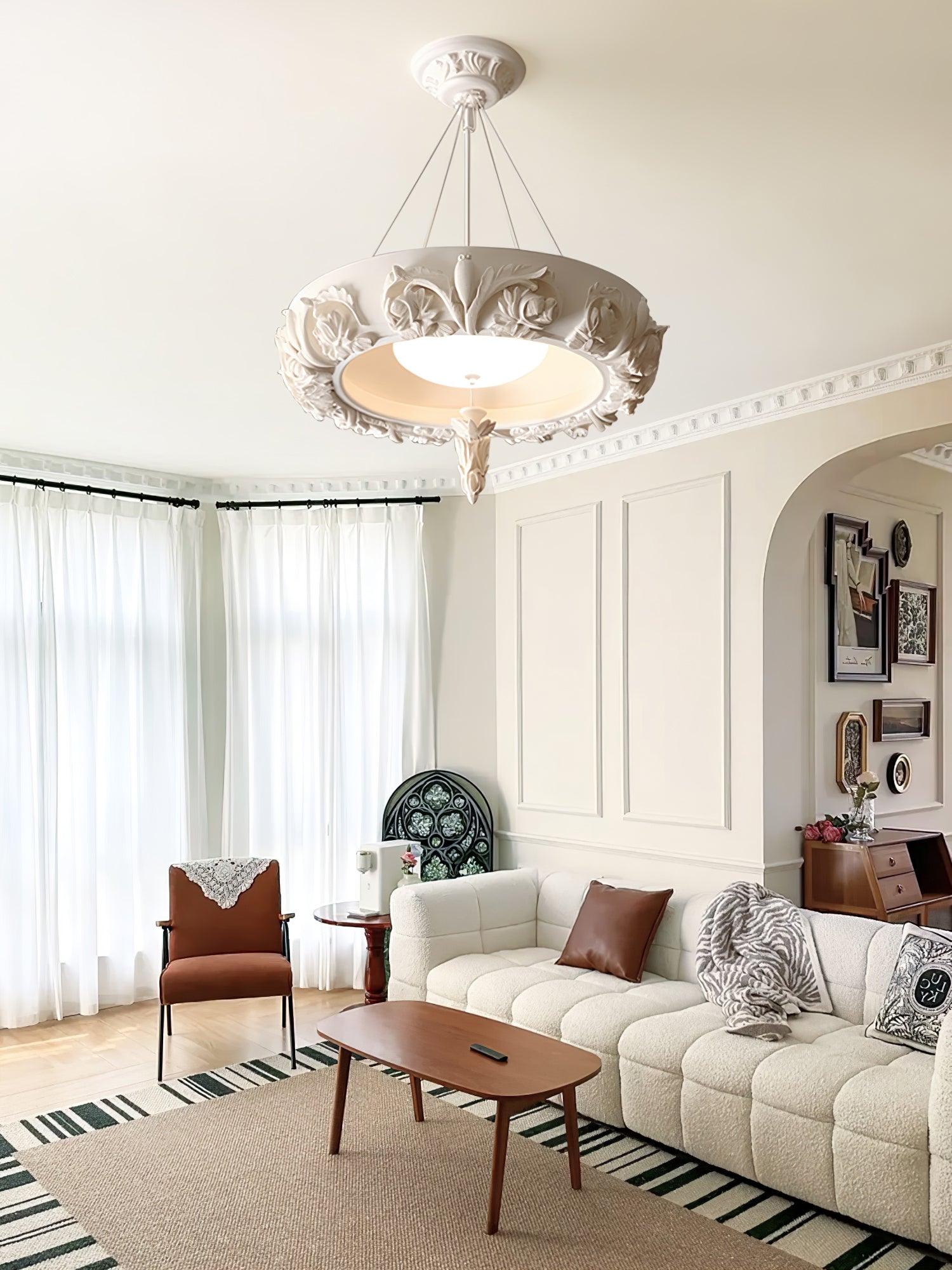 Modern Architectural Plaster Crown Chandelier White Carved LED Pendant Ceiling Light