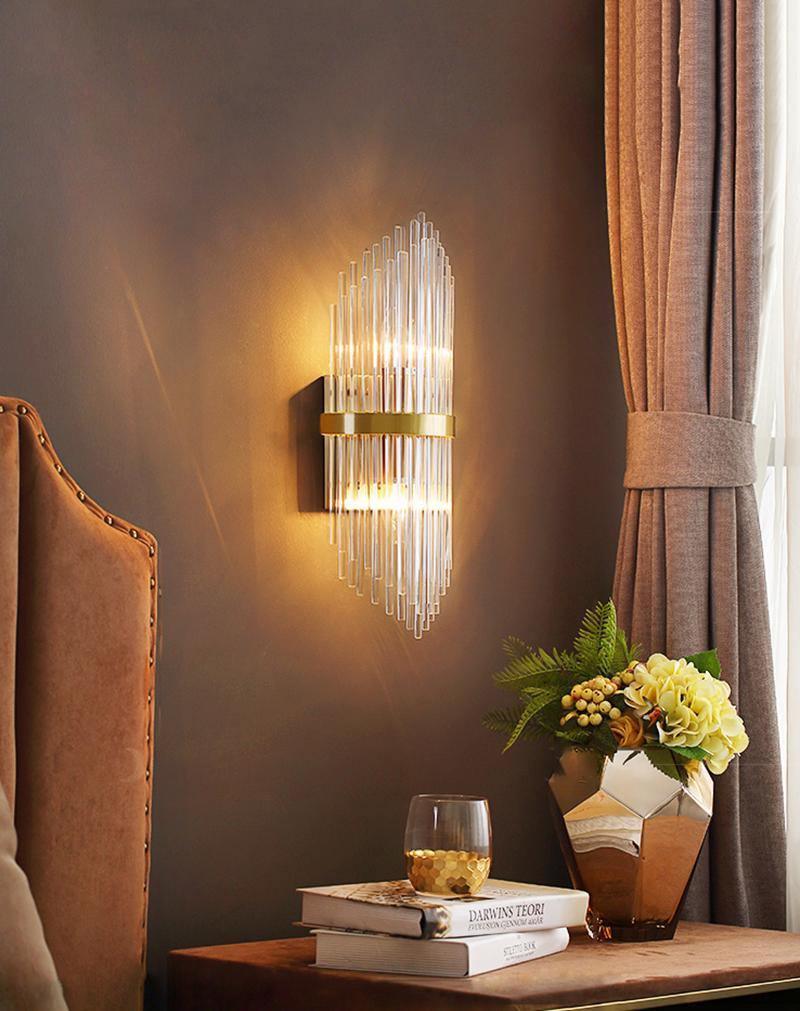 Modern Art Deco Crystal Wall Sconce with Brass Finish and Multi Layered Glass Rods