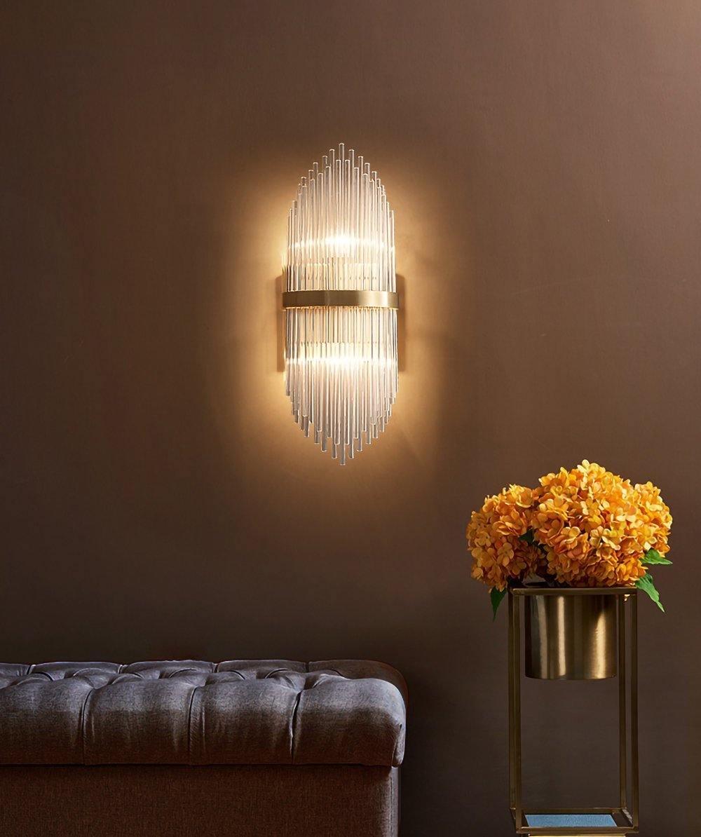 Modern Art Deco Crystal Wall Sconce with Brass Finish and Multi Layered Glass Rods