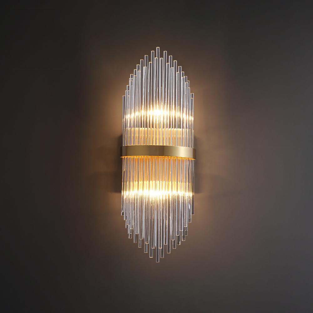 Modern Art Deco Crystal Wall Sconce with Brass Finish and Multi Layered Glass Rods