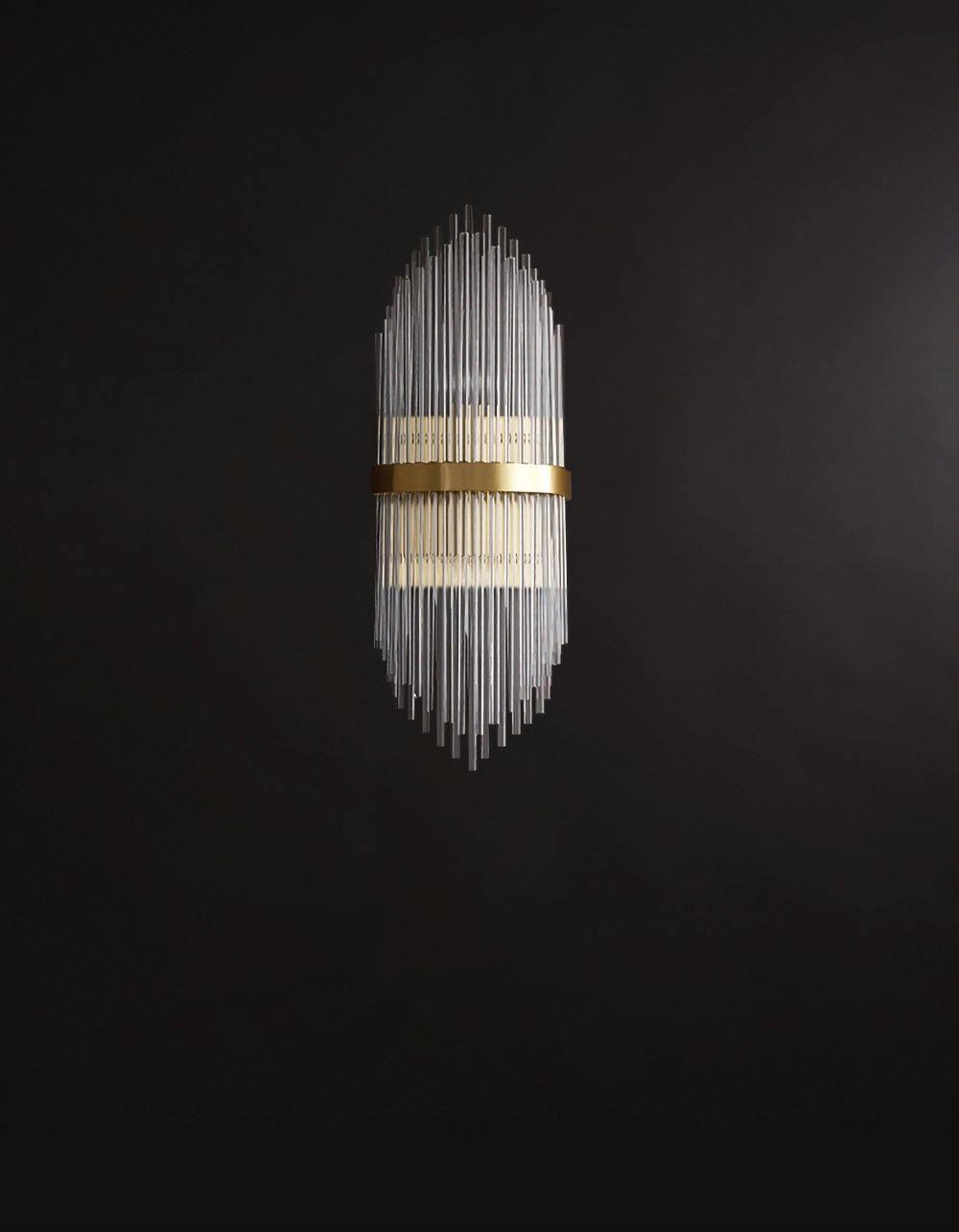 Modern Art Deco Crystal Wall Sconce with Brass Finish and Multi Layered Glass Rods