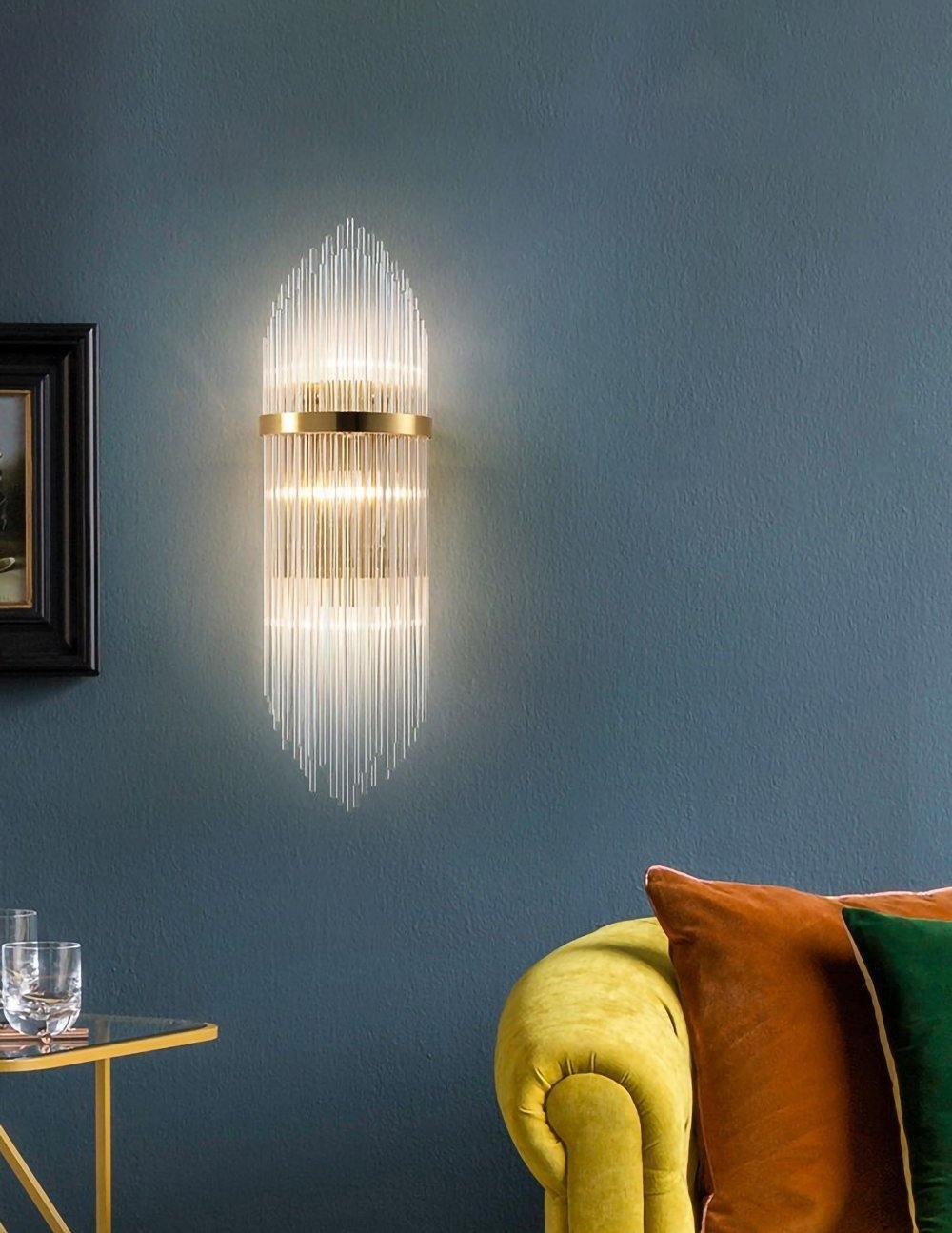 Modern Art Deco Crystal Wall Sconce with Brass Finish and Multi Layered Glass Rods