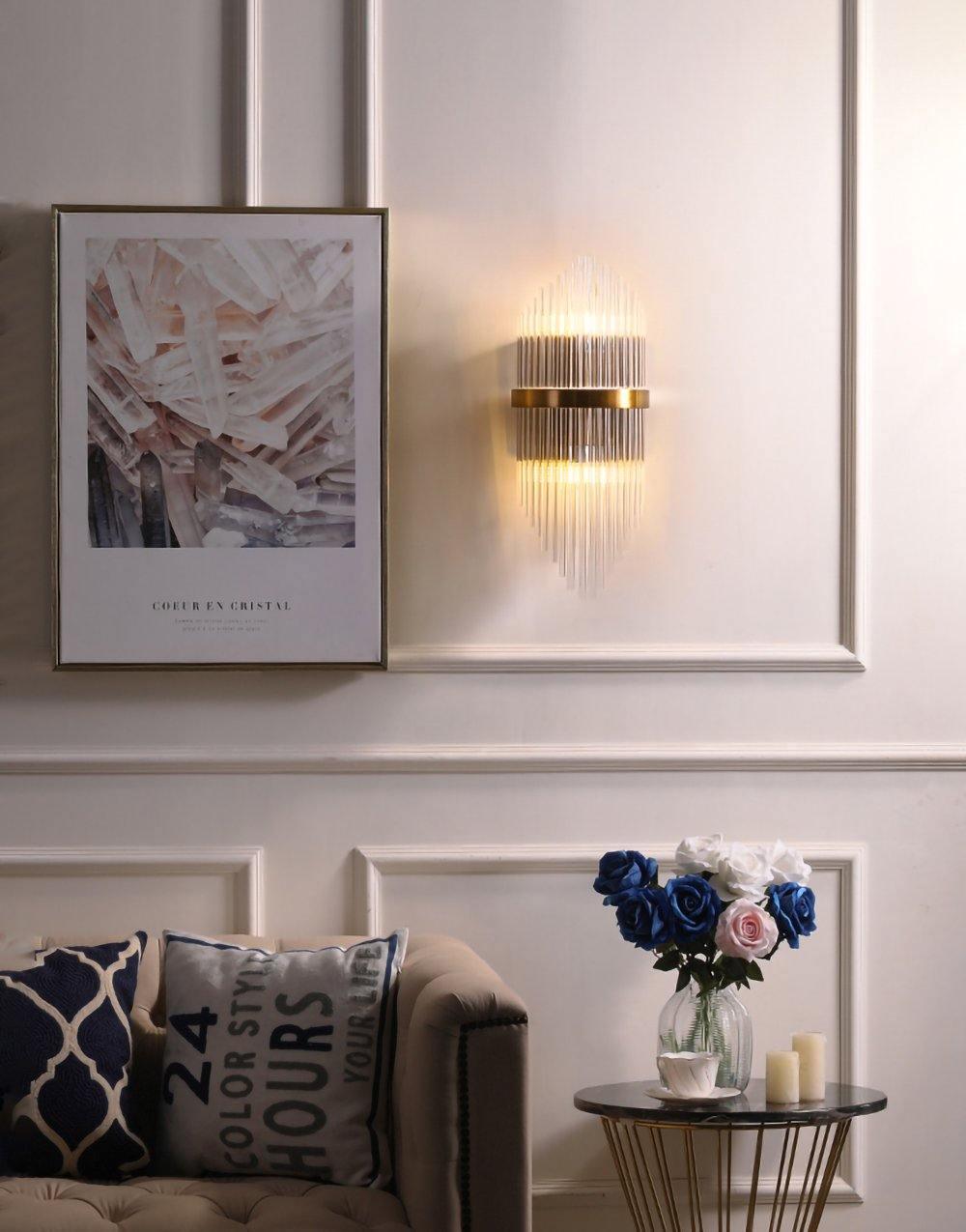 Modern Art Deco Crystal Wall Sconce with Brass Finish and Multi Layered Glass Rods