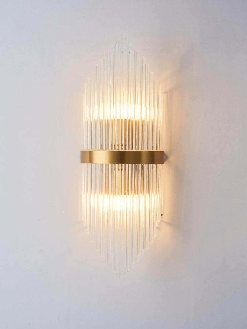 Modern Art Deco Crystal Wall Sconce with Brass Finish and Multi Layered Glass Rods