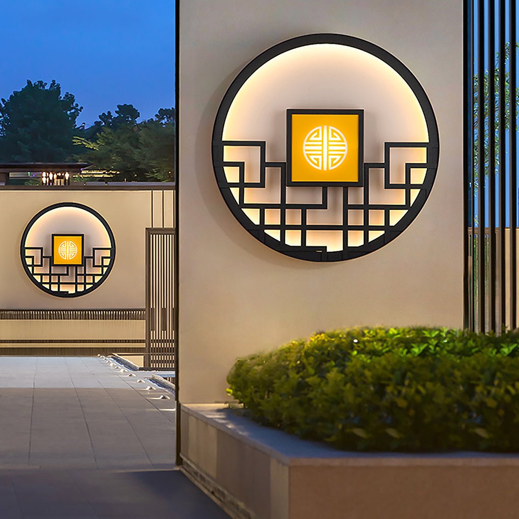 Modern Asian Style Round Outdoor LED Wall Lamp for Villa Courtyard Landscape Lighting