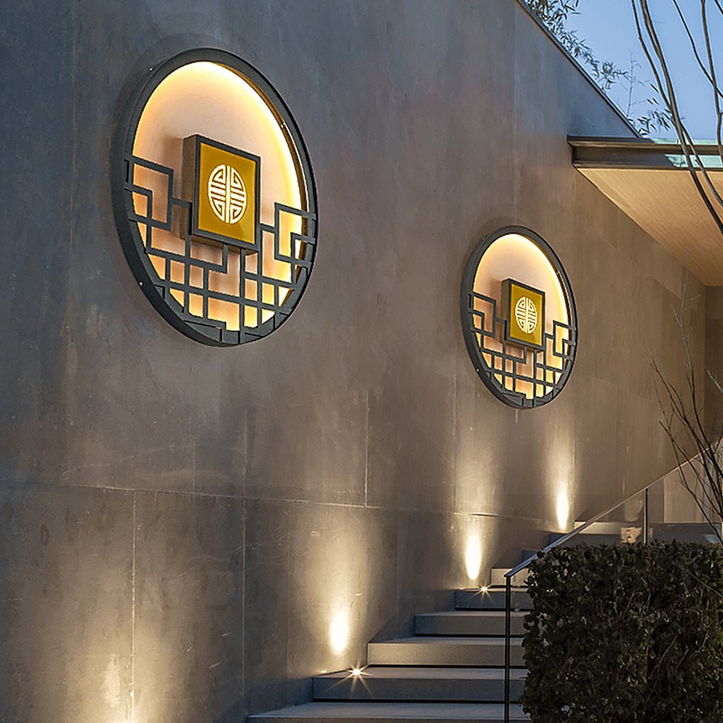 Modern Asian Style Round Outdoor LED Wall Lamp for Villa Courtyard Landscape Lighting