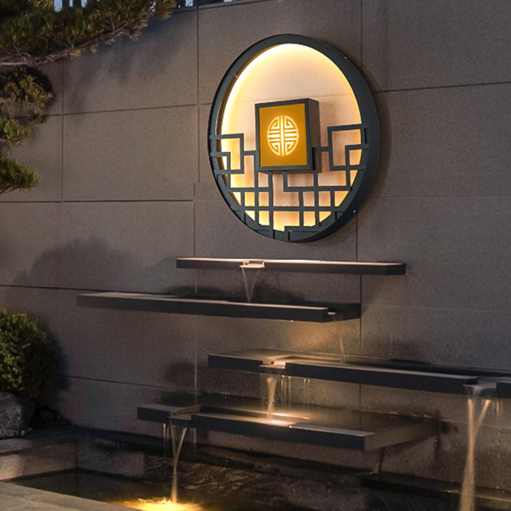 Modern Asian Style Round Outdoor LED Wall Lamp for Villa Courtyard Landscape Lighting