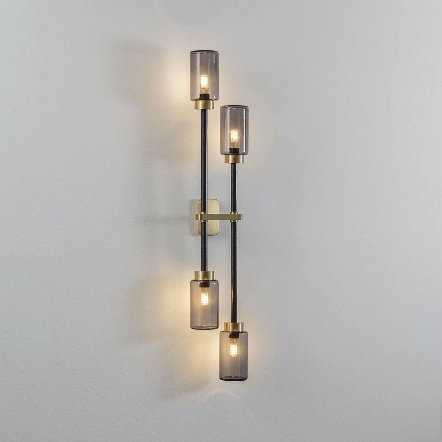 Modern Asymmetric Brass Wall Sconce with Cylindrical Glass Shades for Luxury Interiors