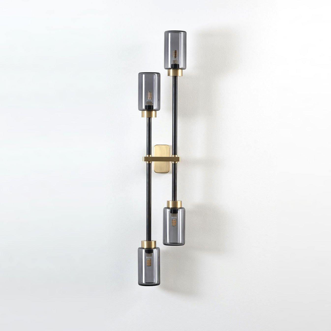 Modern Asymmetric Brass Wall Sconce with Cylindrical Glass Shades for Luxury Interiors