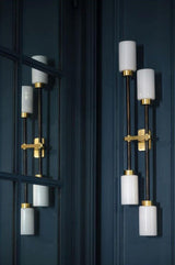 Modern Asymmetric Brass Wall Sconce with Cylindrical Glass Shades for Luxury Interiors