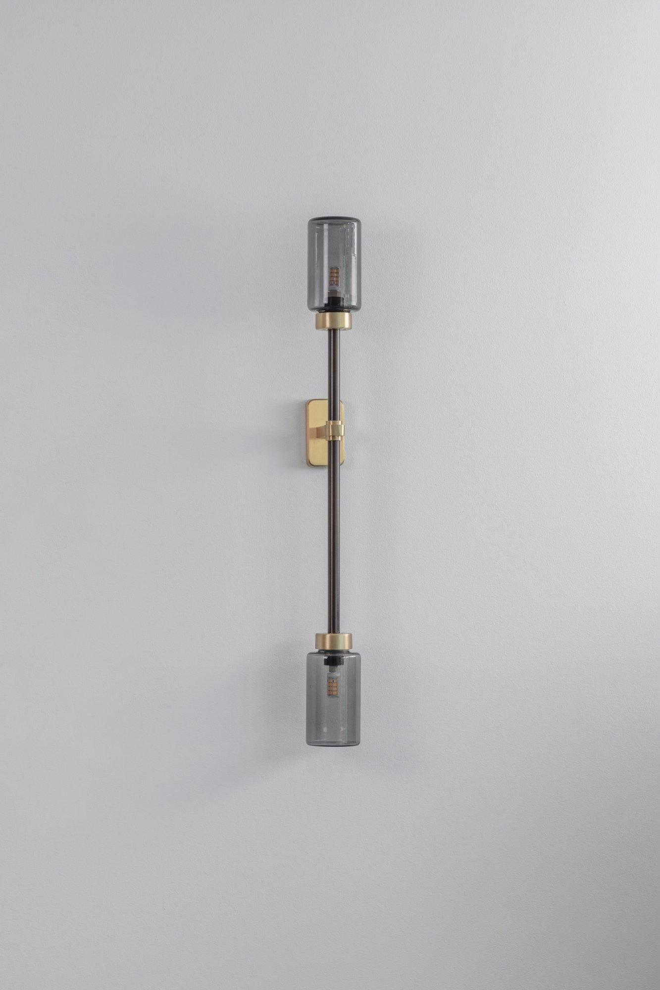 Modern Asymmetric Brass Wall Sconce with Cylindrical Glass Shades for Luxury Interiors