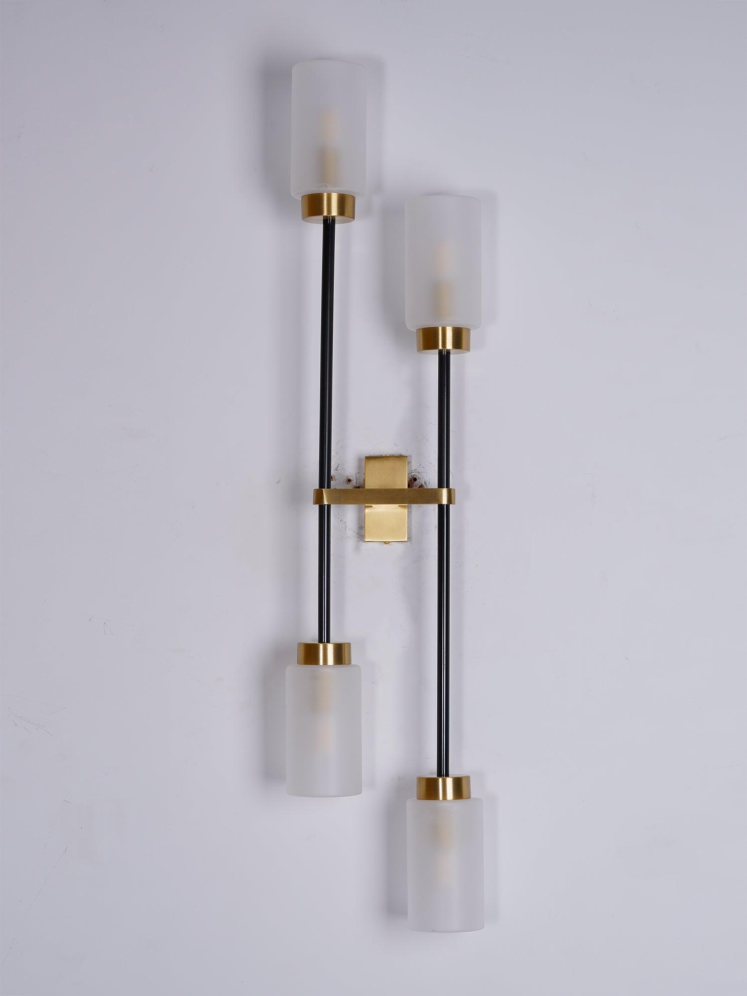 Modern Asymmetric Brass Wall Sconce with Cylindrical Glass Shades for Luxury Interiors