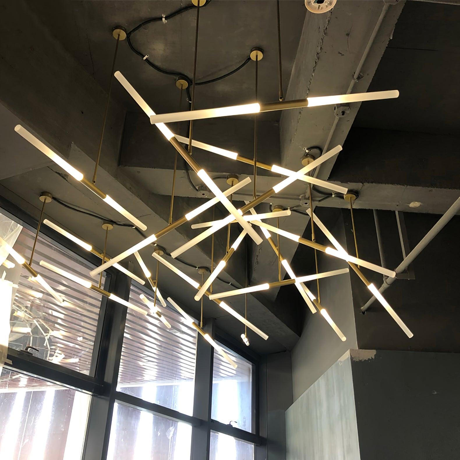 Modern Asymmetric Linear LED Pendant Light Aluminum Tube Suspension Chandelier for Dining Room