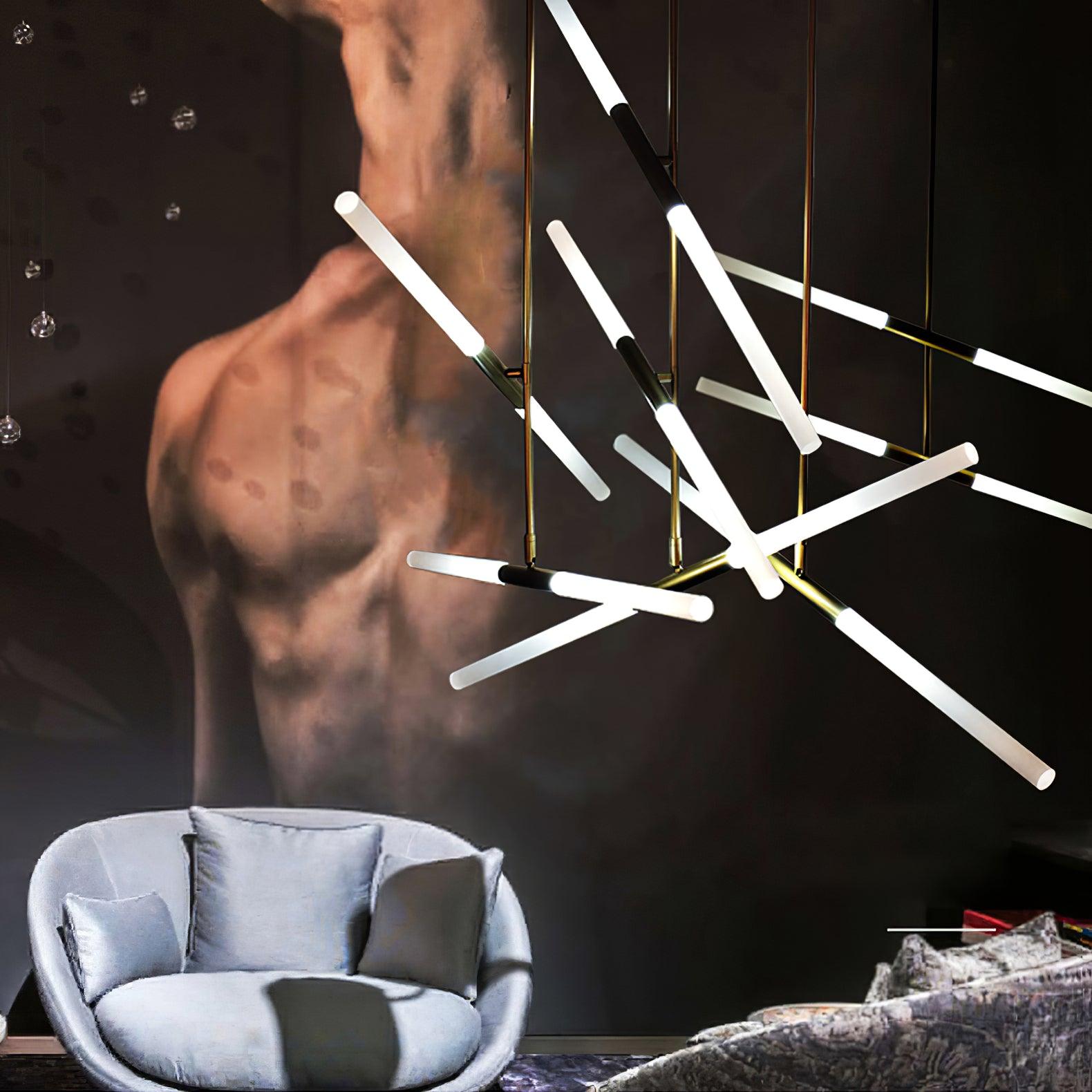 Modern Asymmetric Linear LED Pendant Light Aluminum Tube Suspension Chandelier for Dining Room