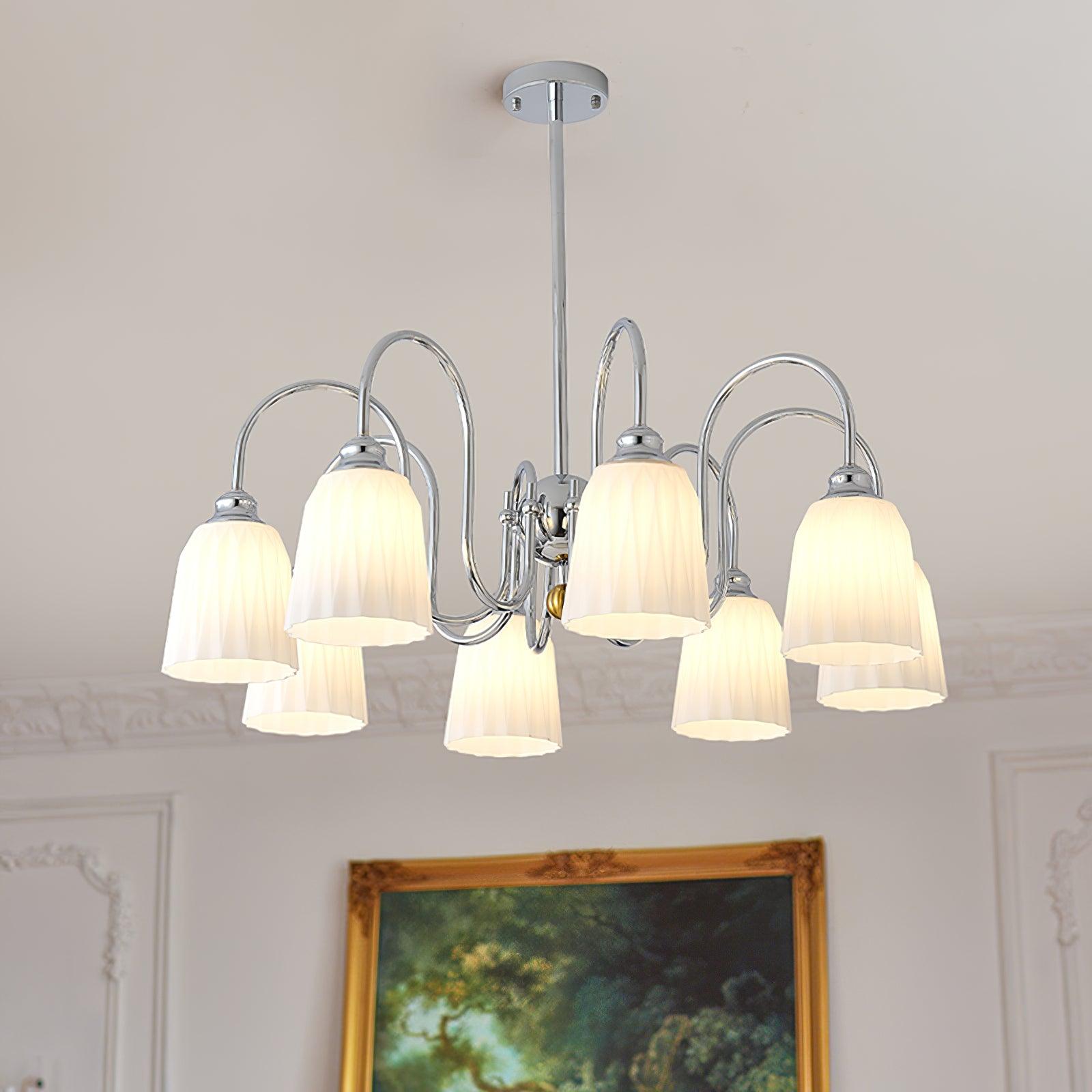 Modern Bauhaus Pleated White Glass Chandelier Chrome Ceiling Light Fixture