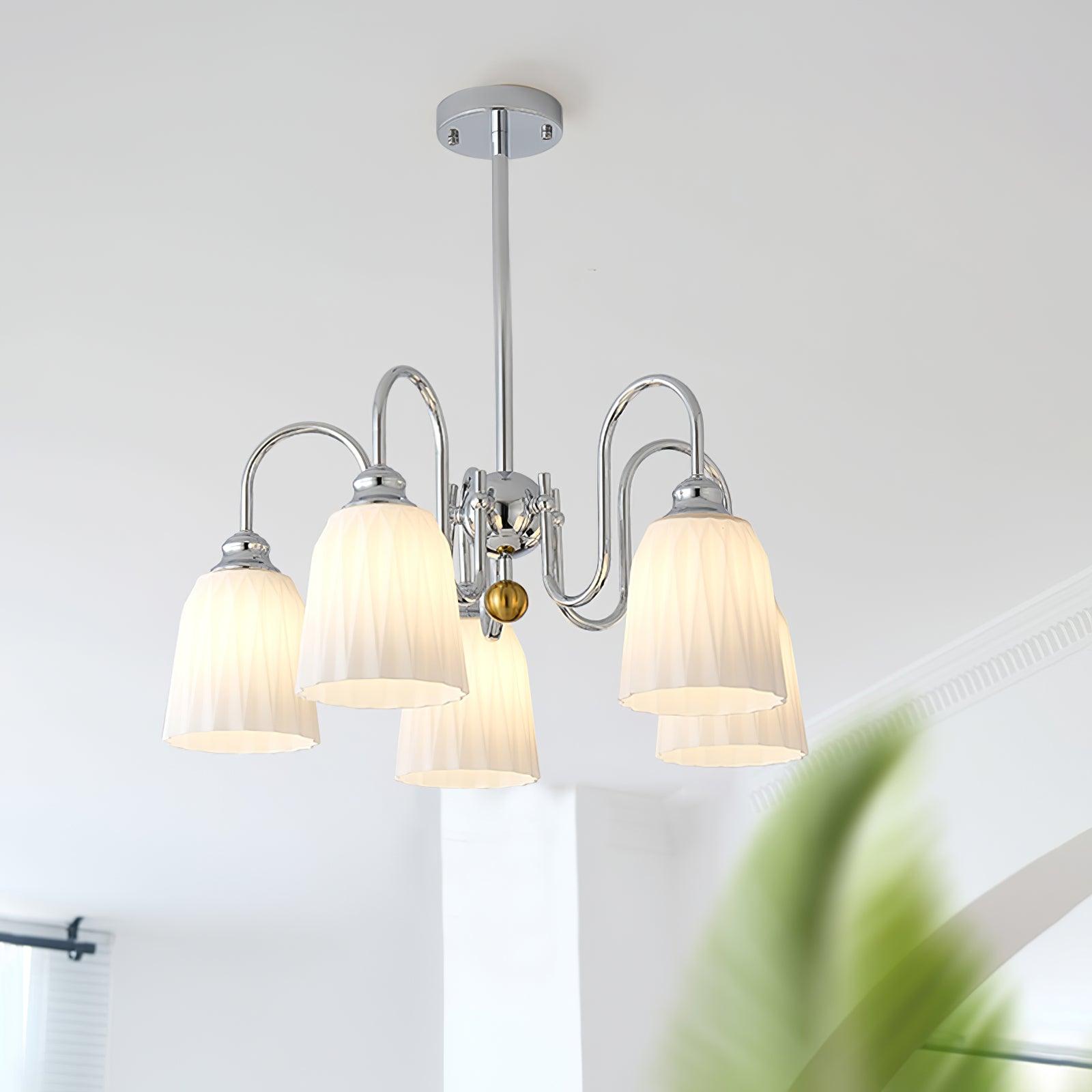 Modern Bauhaus Pleated White Glass Chandelier Chrome Ceiling Light Fixture