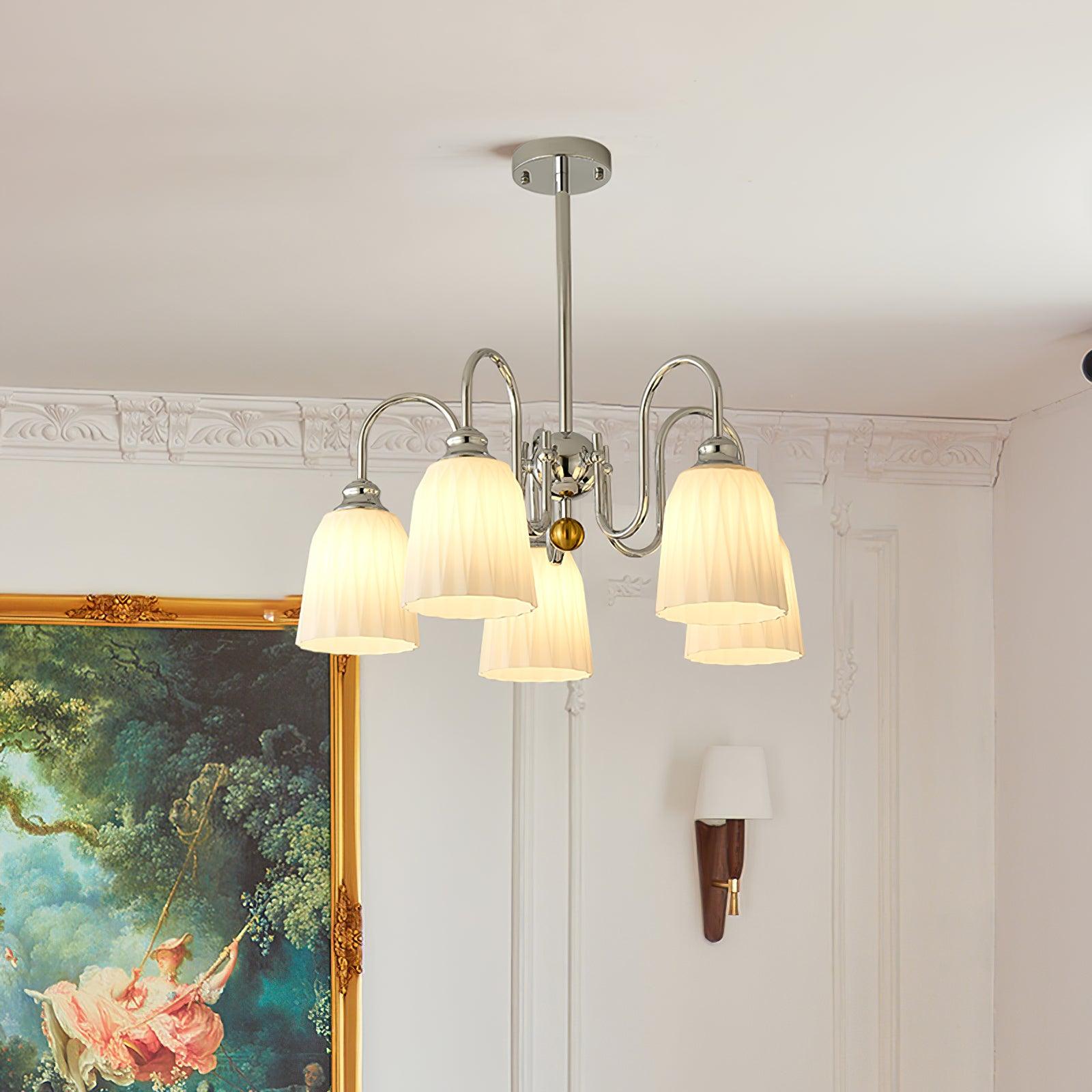 Modern Bauhaus Pleated White Glass Chandelier Chrome Ceiling Light Fixture