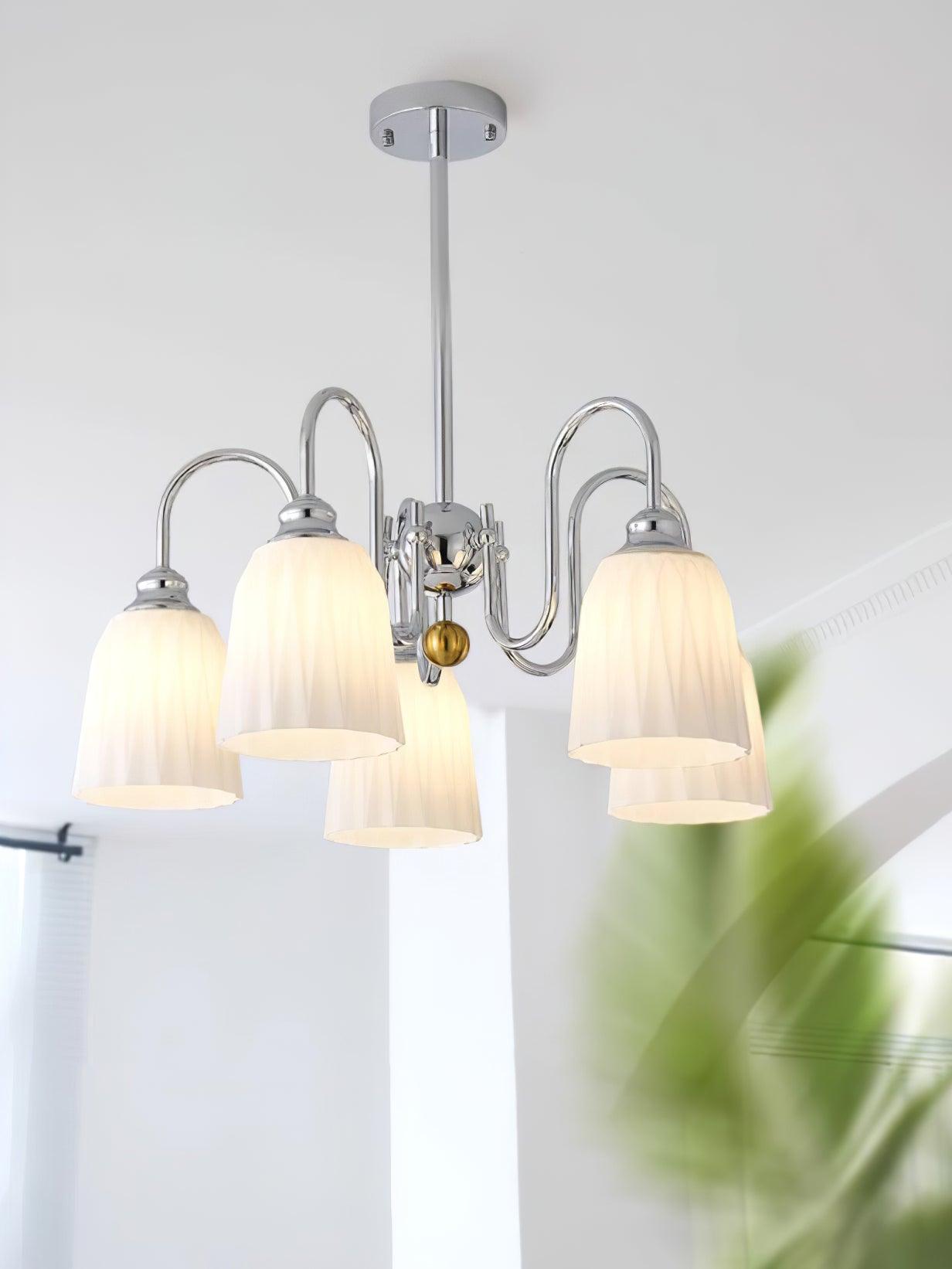 Modern Bauhaus Pleated White Glass Chandelier Chrome Ceiling Light Fixture