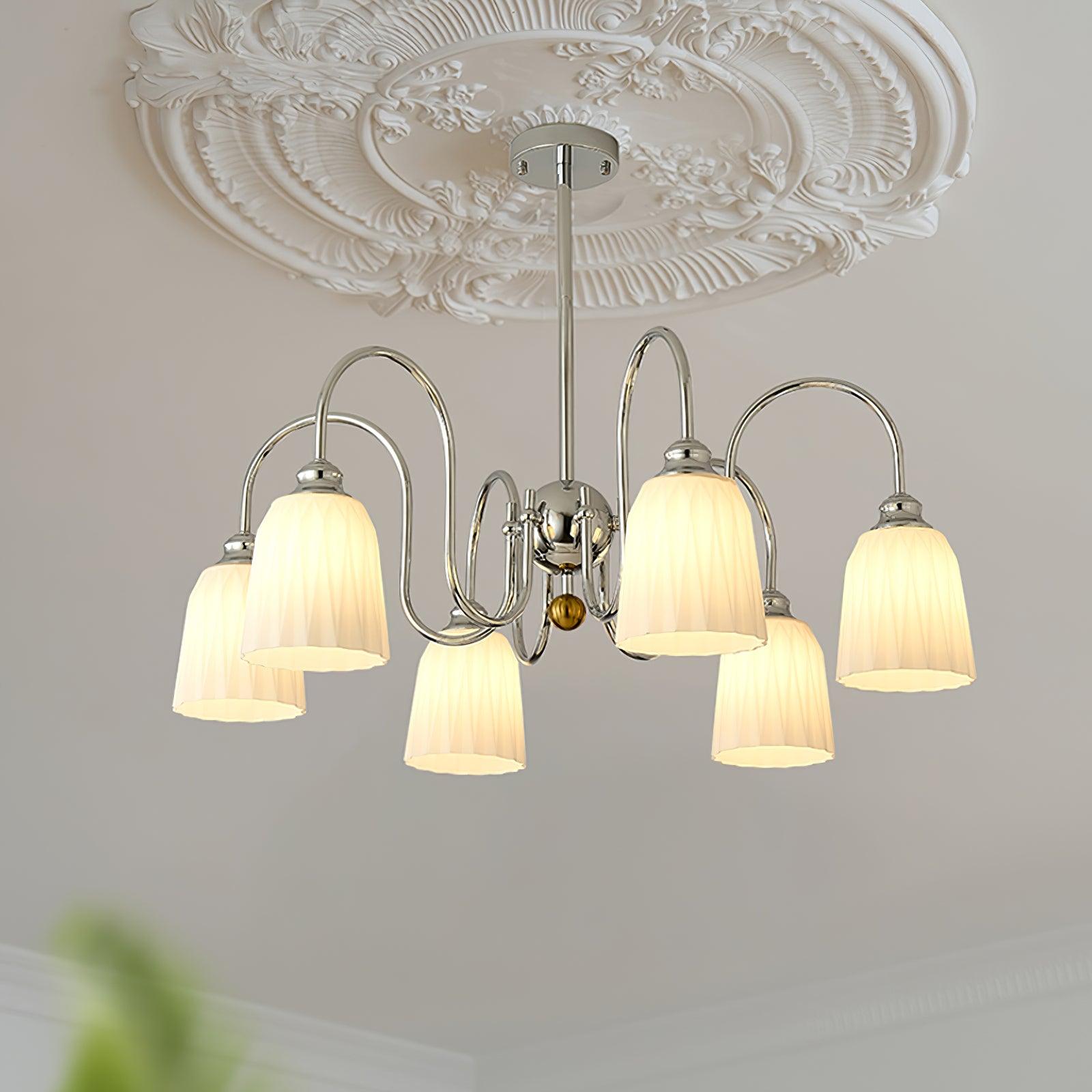 Modern Bauhaus Pleated White Glass Chandelier Chrome Ceiling Light Fixture