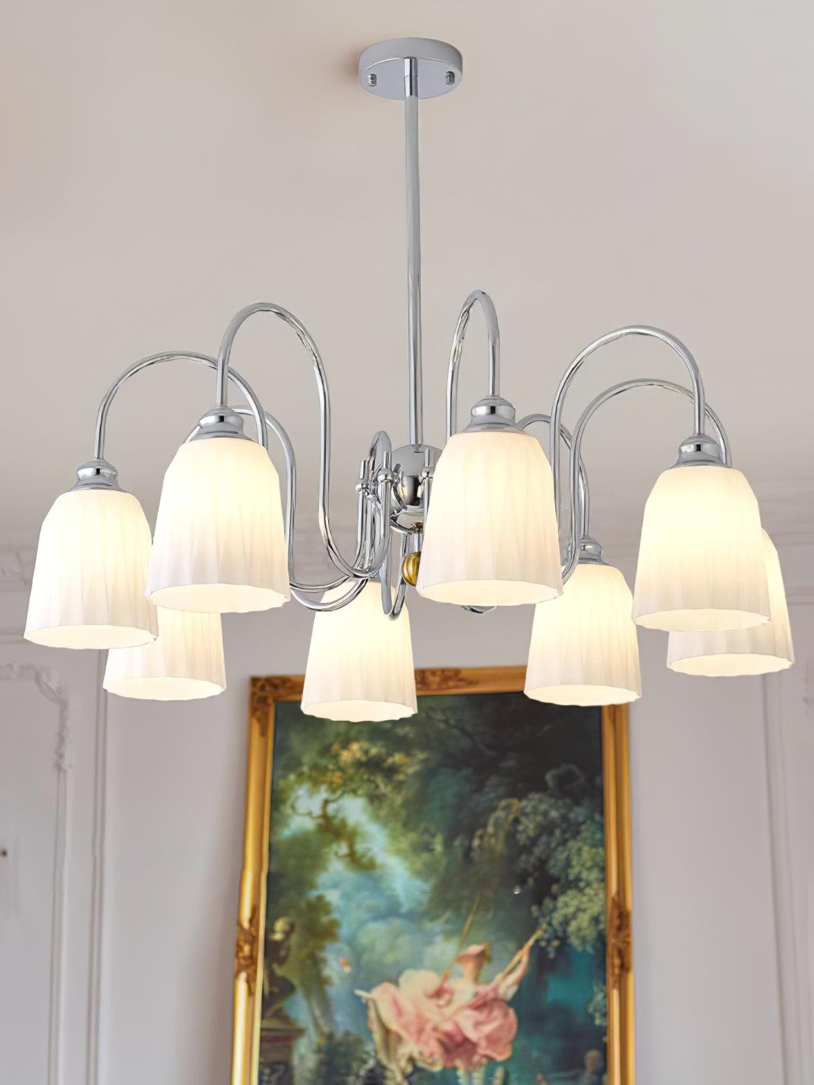 Modern Bauhaus Pleated White Glass Chandelier Chrome Ceiling Light Fixture