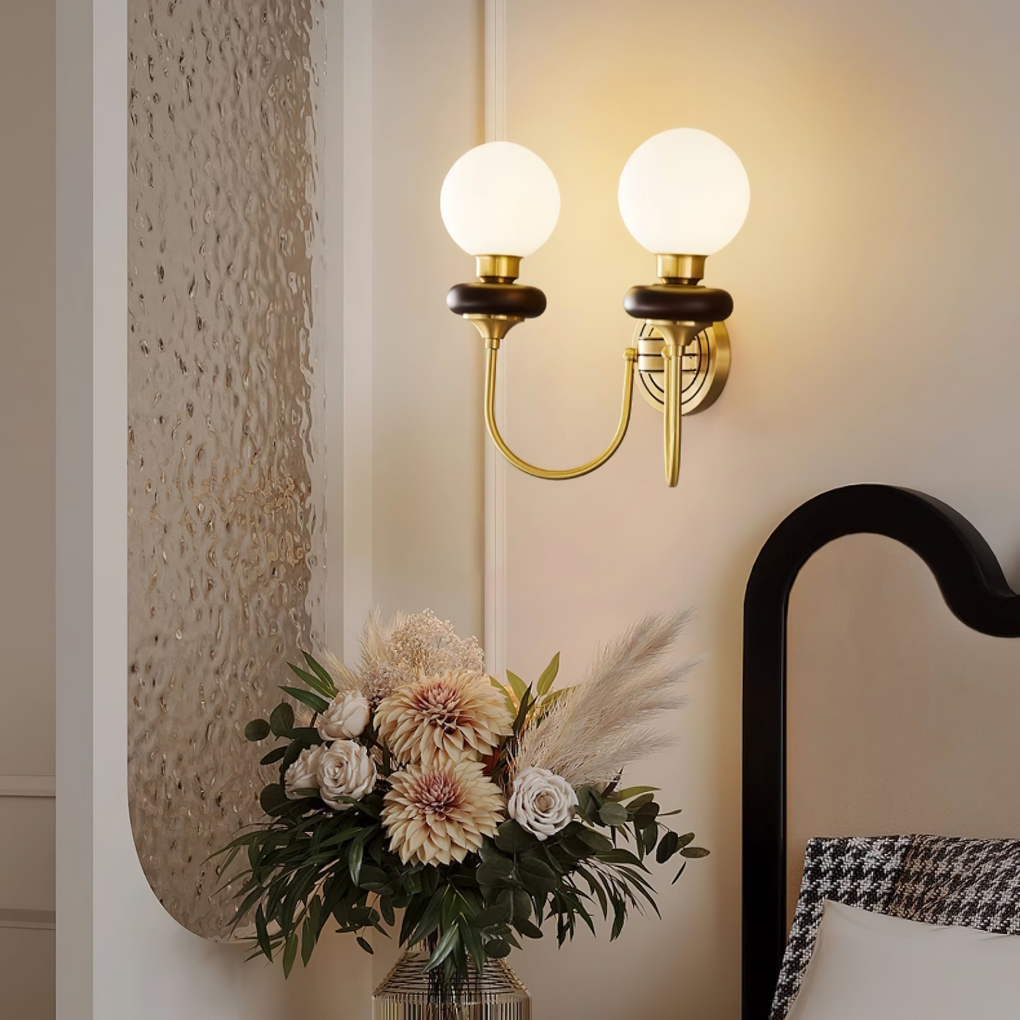 Modern Bellevue Opaline Glass and Walnut Wall Sconce with Brass Finish Indoor Lighting Fixture