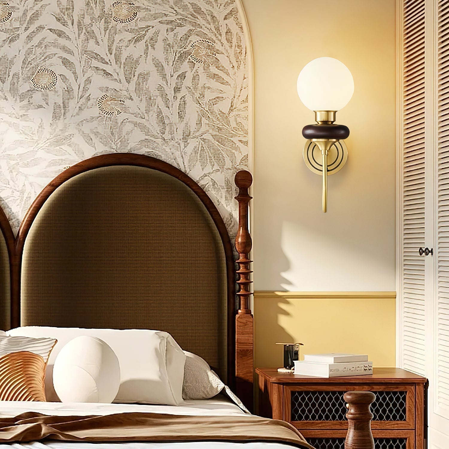 Modern Bellevue Opaline Glass and Walnut Wall Sconce with Brass Finish Indoor Lighting Fixture