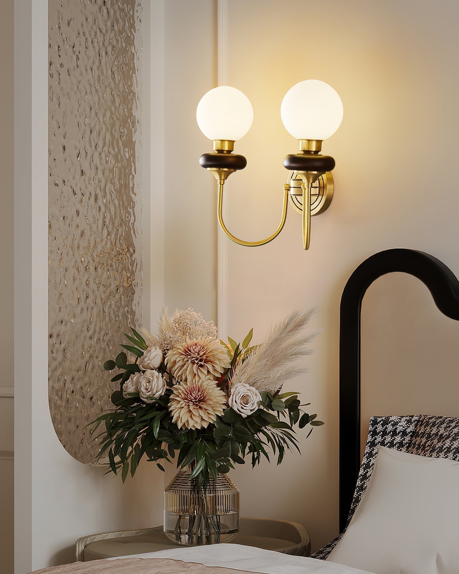 Modern Bellevue Opaline Glass and Walnut Wall Sconce with Brass Finish Indoor Lighting Fixture