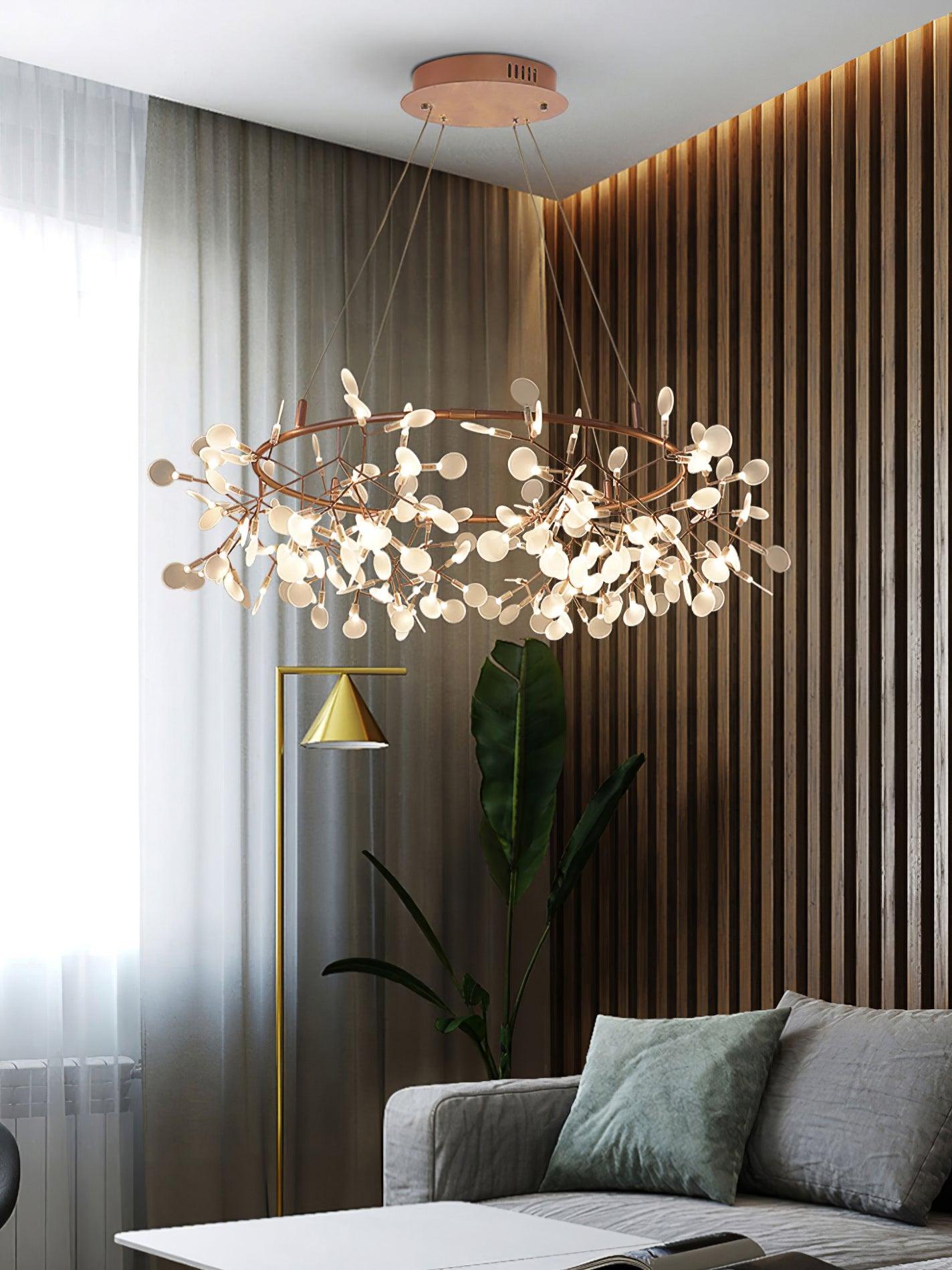 Modern Big O Firefly LED Circular Chandelier Ring Pendant Light with Leaf Accents
