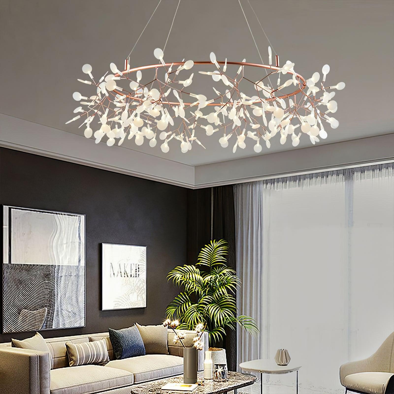 Modern Big O Firefly LED Circular Chandelier Ring Pendant Light with Leaf Accents