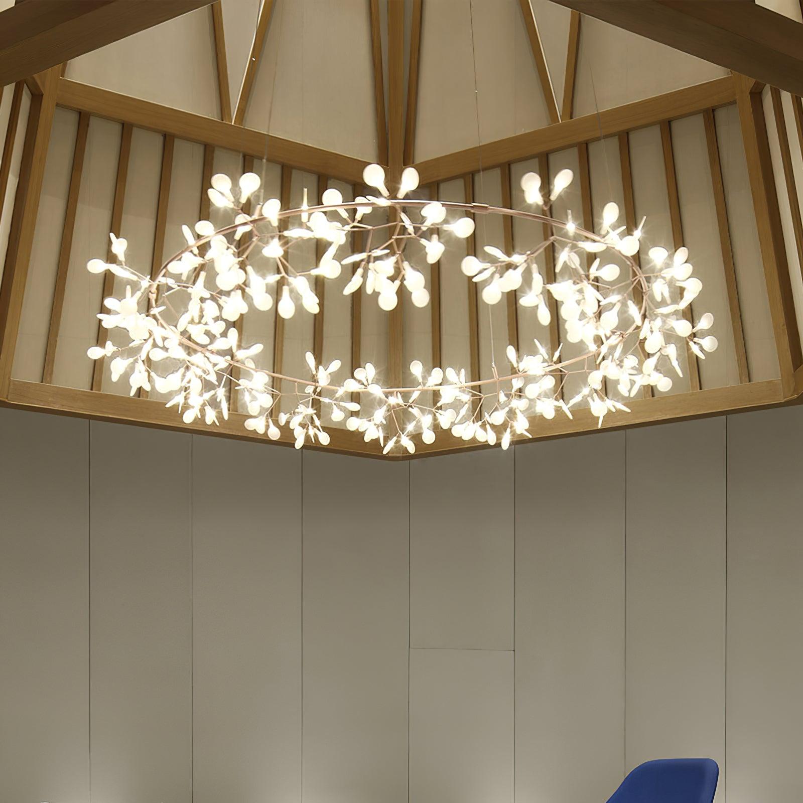 Modern Big O Firefly LED Circular Chandelier Ring Pendant Light with Leaf Accents