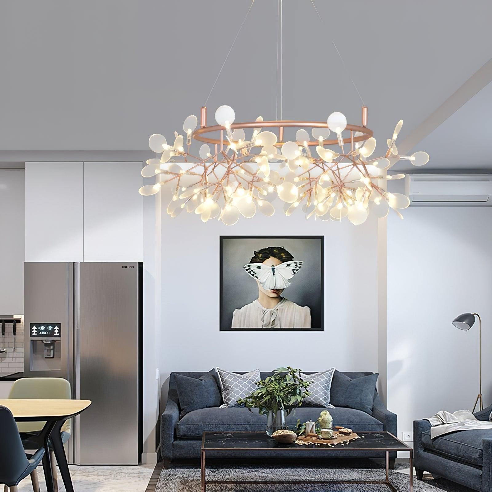 Modern Big O Firefly LED Circular Chandelier Ring Pendant Light with Leaf Accents