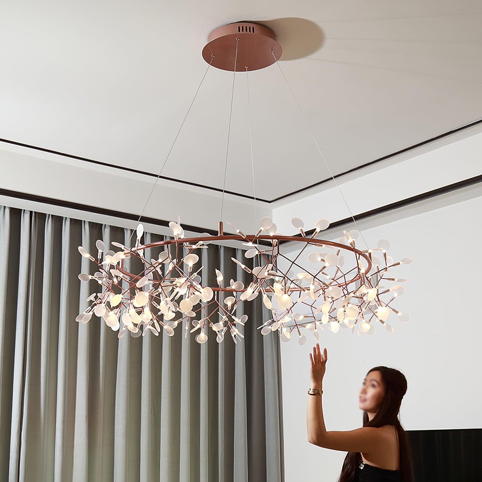 Modern Big O Firefly LED Circular Chandelier Ring Pendant Light with Leaf Accents