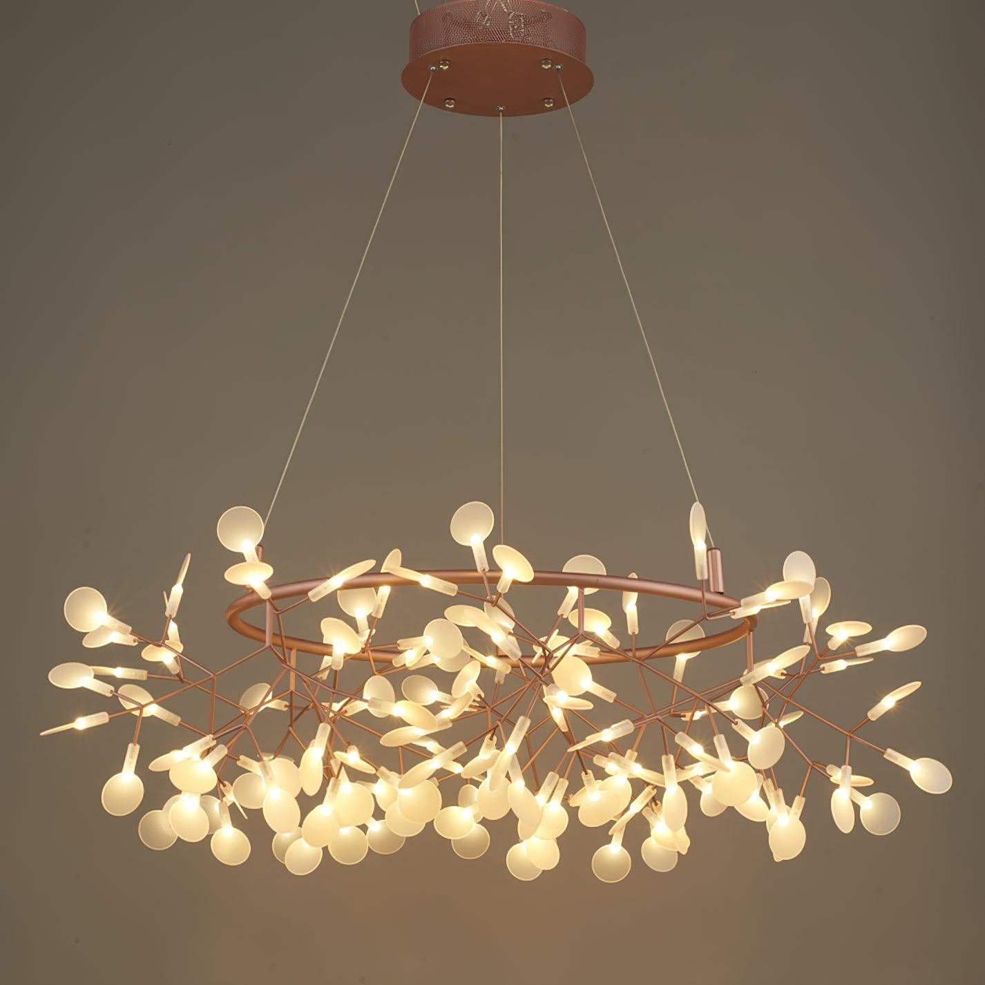 Modern Big O Firefly LED Circular Chandelier Ring Pendant Light with Leaf Accents