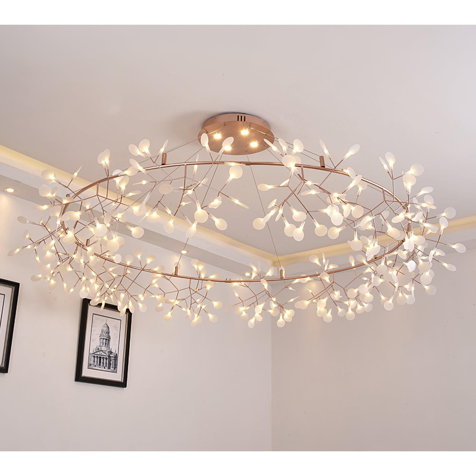 Modern Big O Firefly LED Circular Chandelier Ring Pendant Light with Leaf Accents