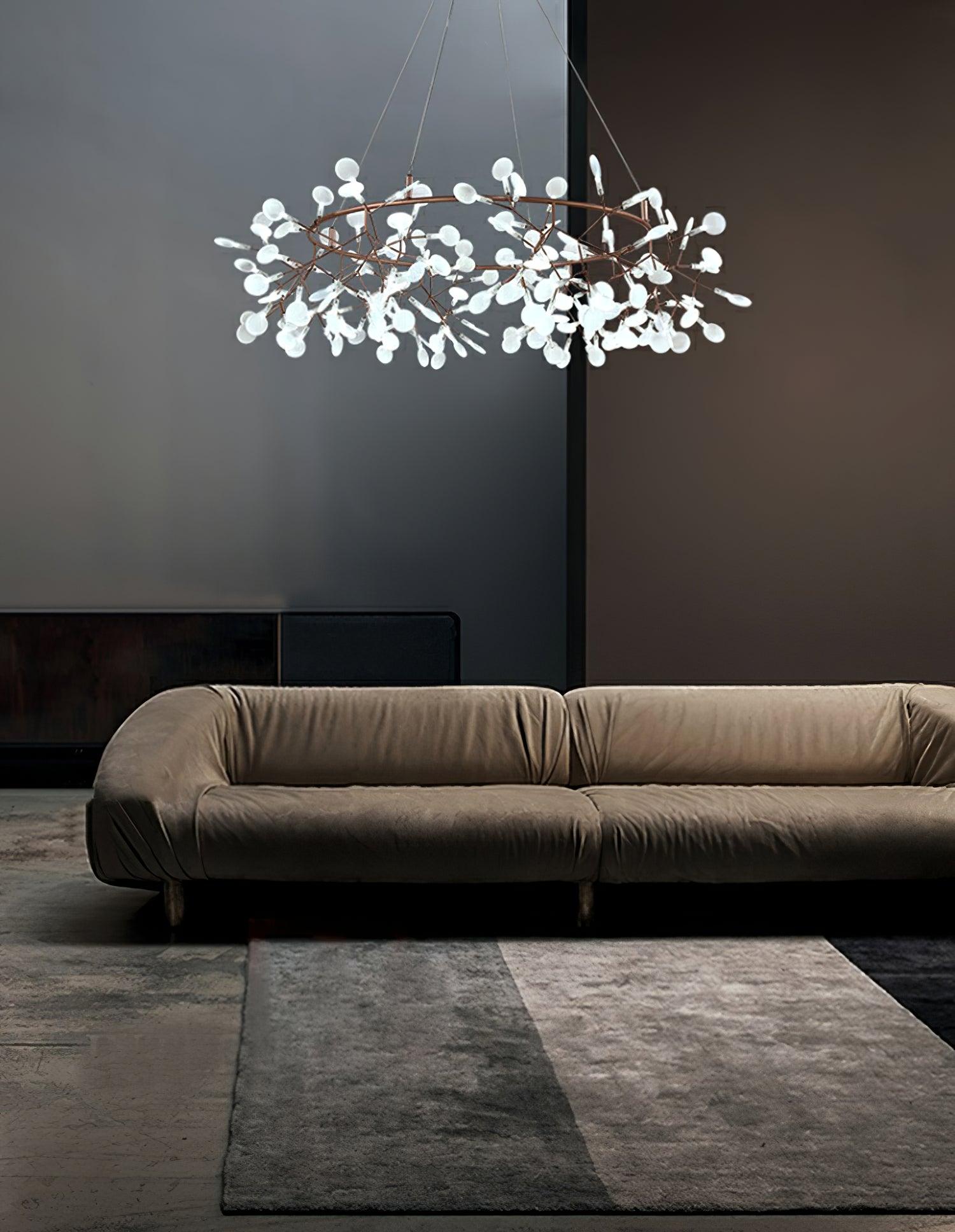 Modern Big O Firefly LED Circular Chandelier Ring Pendant Light with Leaf Accents