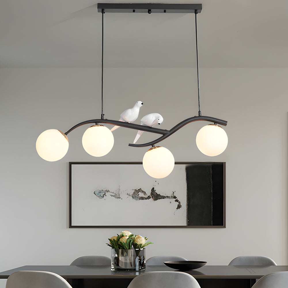 Modern Bird Branch Dining Room Chandelier with 3 Color Dimming Glass Globe Pendant Light